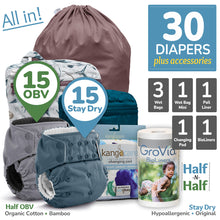Load image into Gallery viewer, All in Kanga Care bundle for Rumparooz OBV and Stay Dry One Size Pocket Cloth Diapers with Accessories Pail Liner, Wet Bag, Wet Bag Mini, Changing Pads and BioLiners
