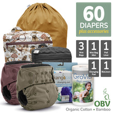 Load image into Gallery viewer, All in Twin Kanga Care bundle for Rumparooz OBV Organic Bamboo Velour One Size Pocket Cloth Diapers with Accessories Pail Liner, Wet Bag, Wet Bag Mini, Changing Pads and BioLiners
