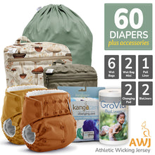 Load image into Gallery viewer, All in Twin Kanga Care bundle for Rumparooz AWJ Athletic Wicking Jersey One Size Pocket Cloth Diapers with Accessories Pail Liner, Wet Bag, Wet Bag Mini, Changing Pads and BioLiners
