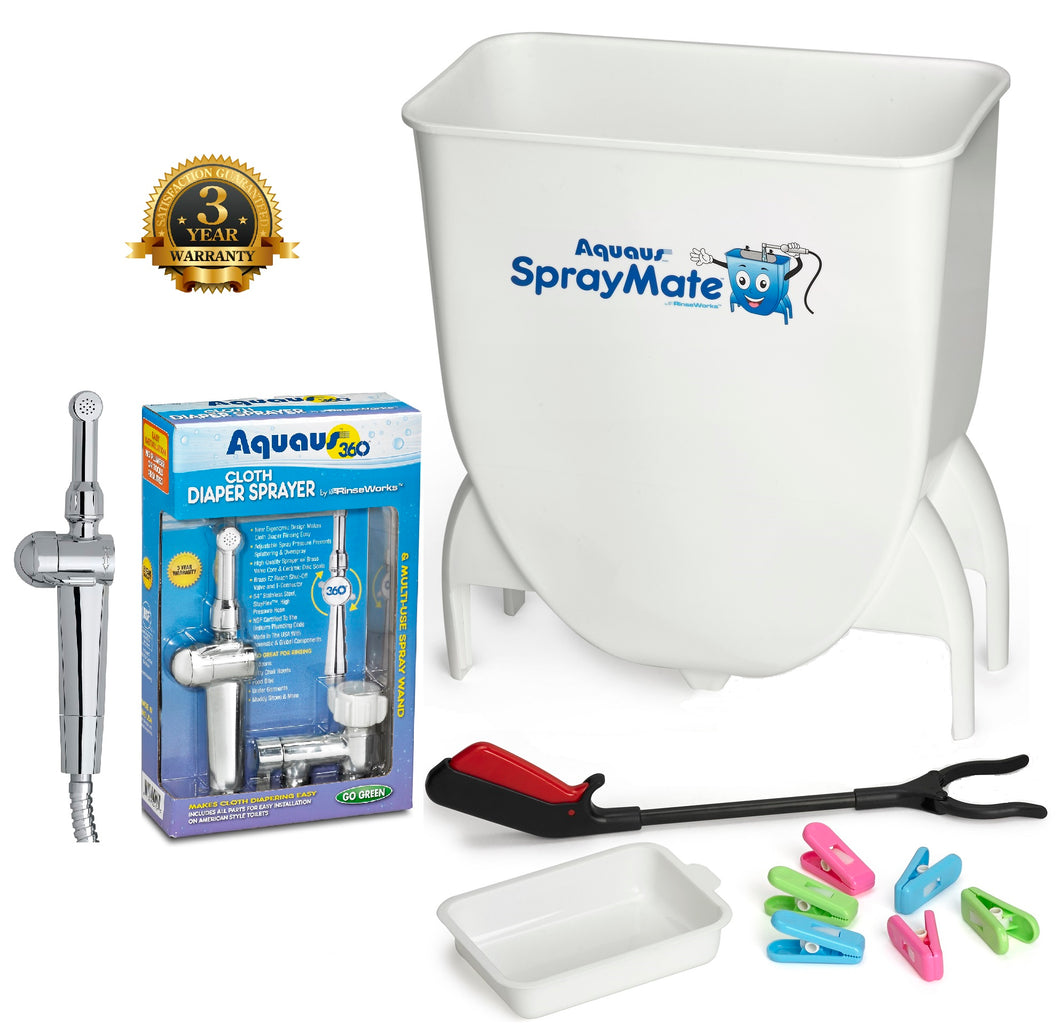 Diaper Sprayer toilet hookup with shield, grabber tool and clips