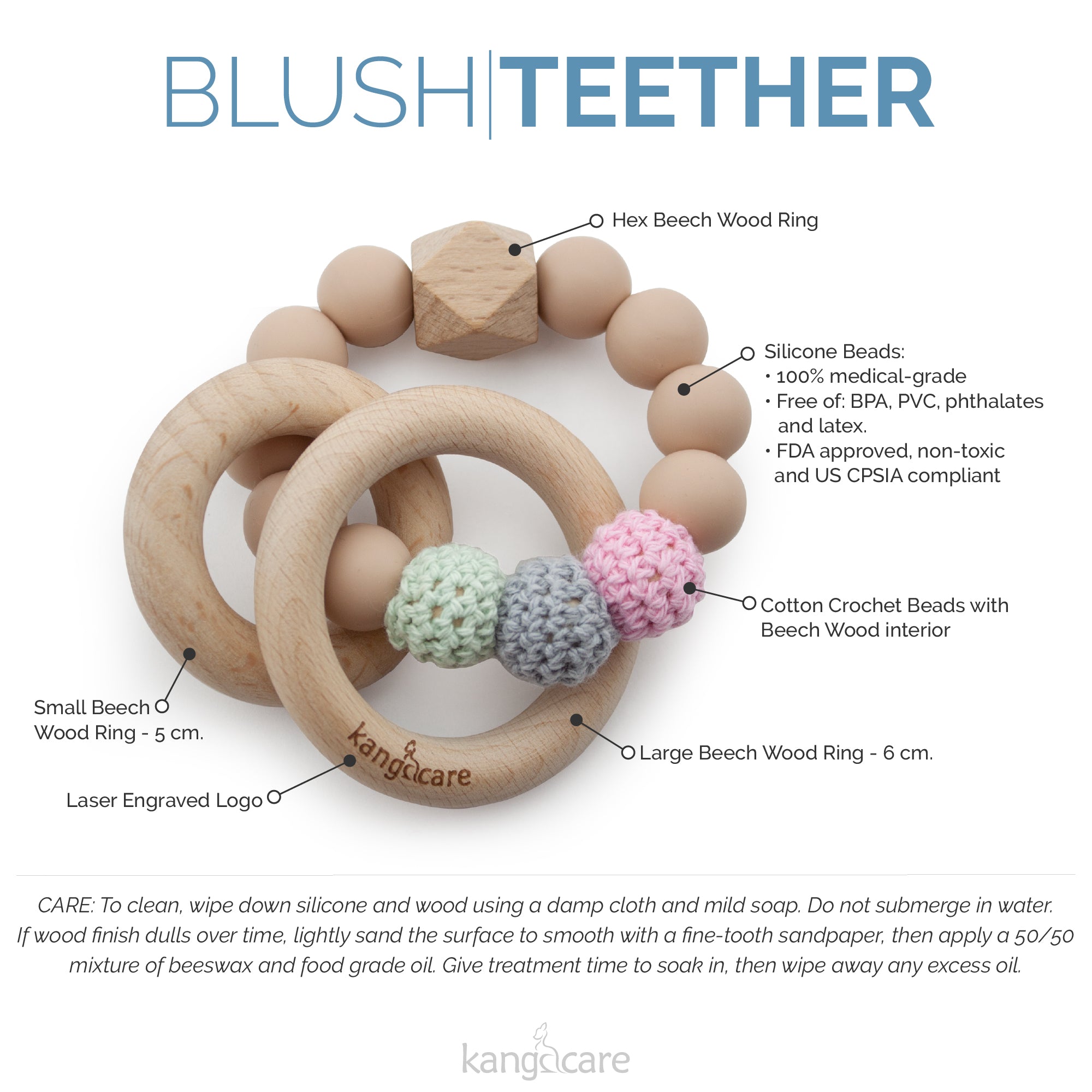 Kanga Care Silicone & Wood Teething Ring - Crocheted - Blush Kanga Care Silicone & Wood Teething Ring - Crocheted - Blush